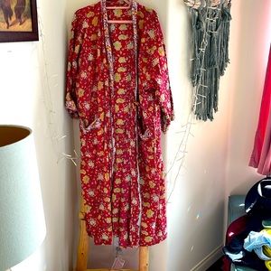 Handmade in India, 100% cotton, red yellow floral, long robe